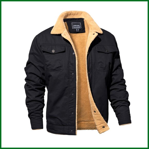 Men's Cotton Cargo Jacket Sherpa Fleece Lined Work Coat with Pockets
